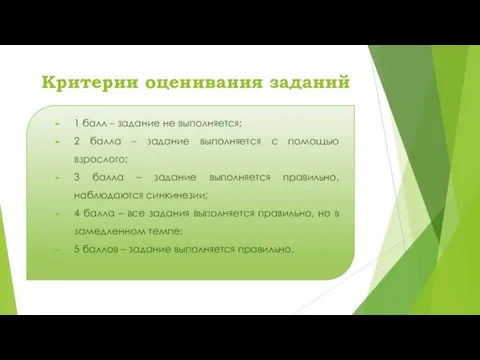 Критерии оценивания заданий 1 балл – задание не выполняется; 2