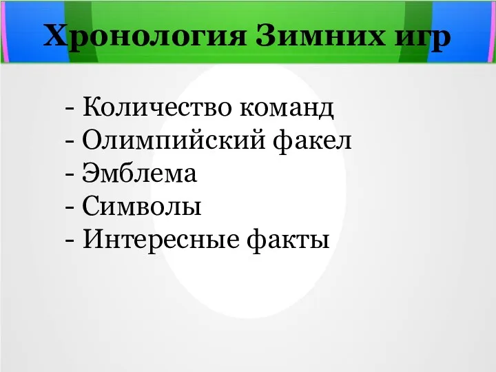 Хронология Зимних игр - Количество команд - Олимпийский факел - Эмблема - Символы - Интересные факты