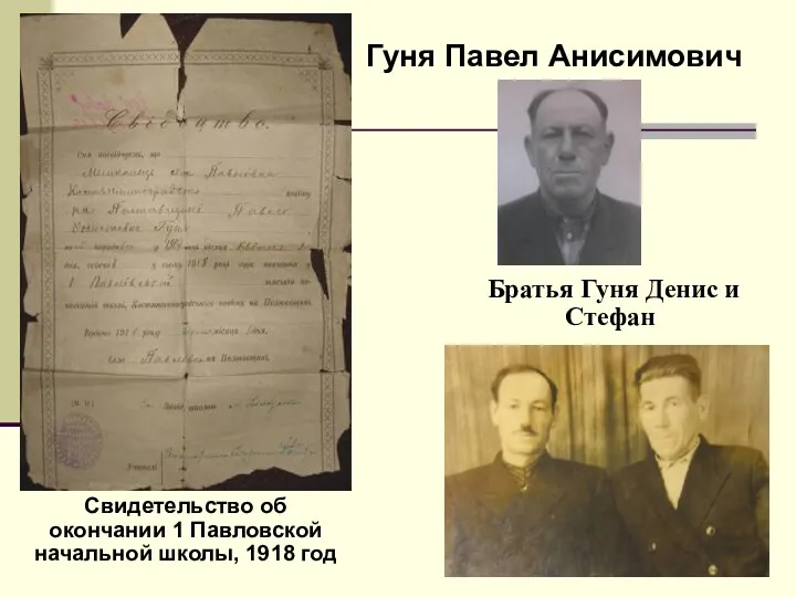 Свидетельство об окончании 1 Павловской начальной школы, 1918 год Братья Гуня Денис и