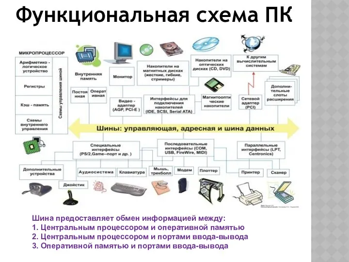 Функциональная схема ПК Шина предоставляет обмен информацией между: 1. Центральным процессором и оперативной