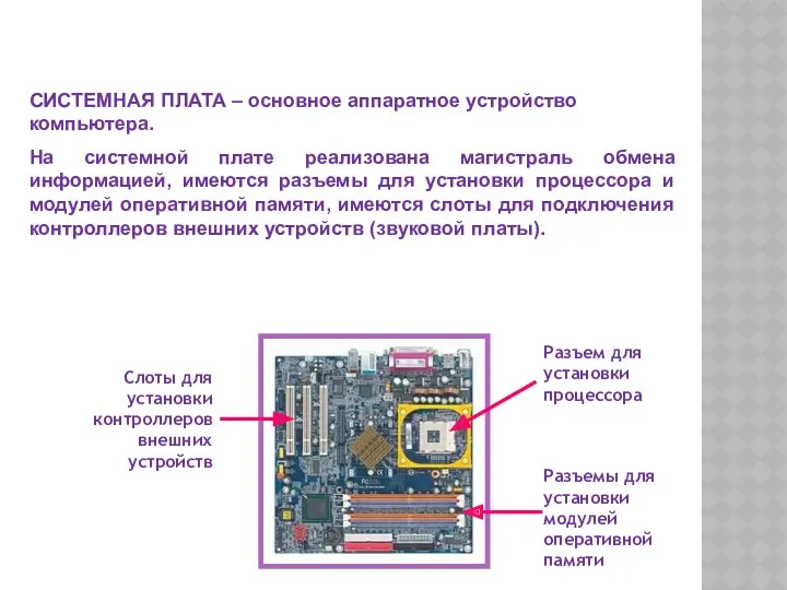 СИСТЕМНАЯ ПЛАТА – основное аппаратное устройство компьютера. На системной плате реализована магистраль обмена