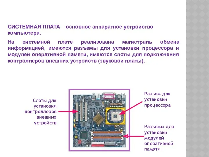 СИСТЕМНАЯ ПЛАТА – основное аппаратное устройство компьютера. На системной плате