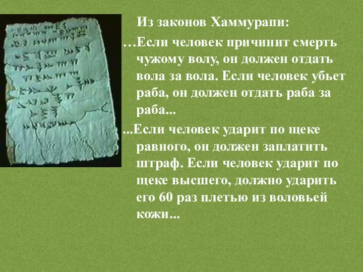 Из законов Хаммурапи: …Если человек причинит смерть чужому волу, он