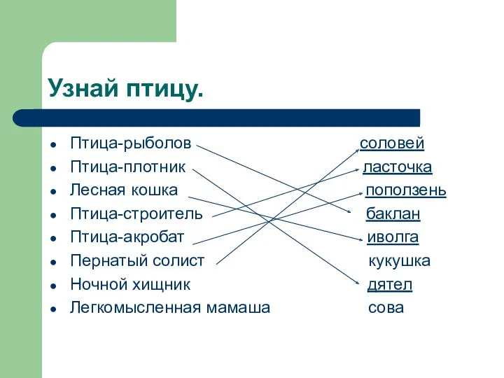 Узнай птицу. Птица-рыболов соловей Птица-плотник ласточка Лесная кошка поползень Птица-строитель