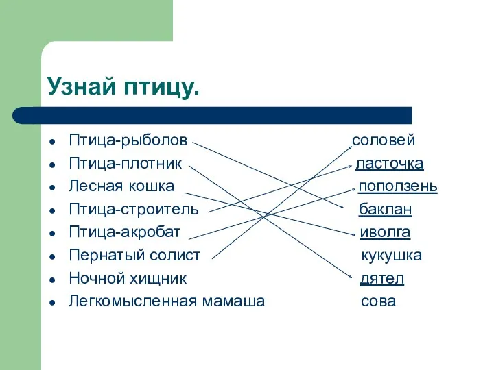 Узнай птицу. Птица-рыболов соловей Птица-плотник ласточка Лесная кошка поползень Птица-строитель