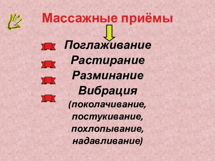 Массажные приёмы Поглаживание Растирание Разминание Вибрация (поколачивание, постукивание, похлопывание, надавливание)