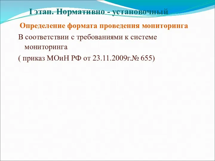 I этап. Нормативно - установочный Определение формата проведения мониторинга В соответствии с требованиями