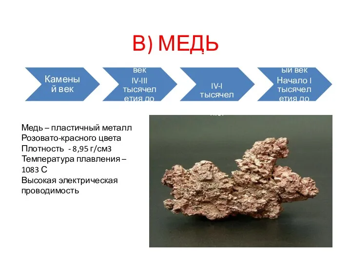 В) МЕДЬ Медь – пластичный металл Розовато-красного цвета Плотность -