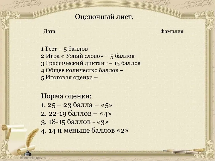 Оценочный лист. Дата Фамилия 1 Тест – 5 баллов 2 Игра « Узнай