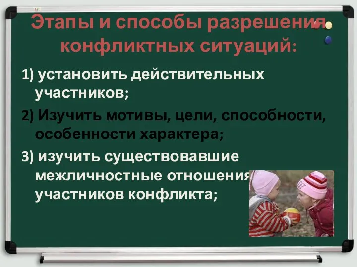 Этапы и способы разрешения конфликтных ситуаций: 1) установить действительных участников; 2) Изучить мотивы,