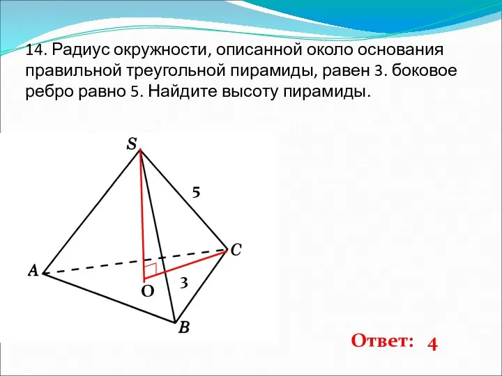 14. Радиус окружности, описанной около основания правильной треугольной пирамиды, равен
