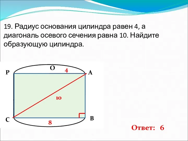 19. Радиус основания цилиндра равен 4, а диагональ осевого сечения