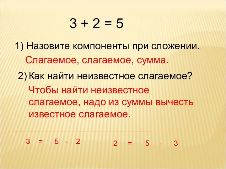 3 + 2 = 5 1) Назовите компоненты при сложении. Слагаемое, слагаемое, сумма.