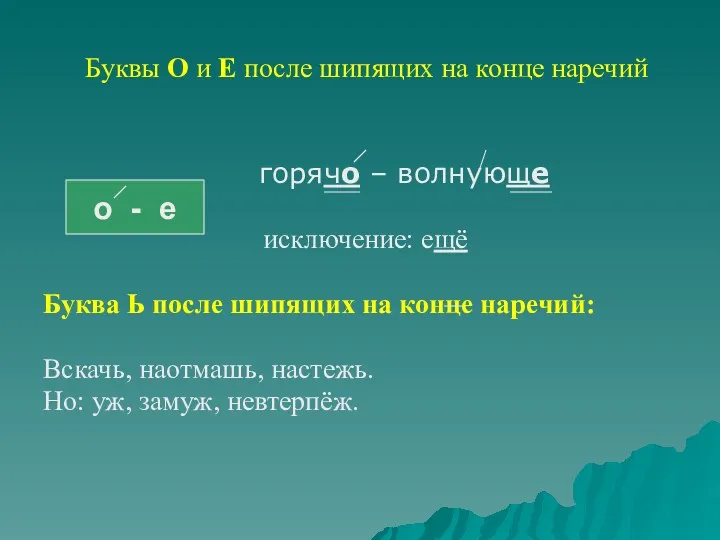 Буквы О и Е после шипящих на конце наречий горячо