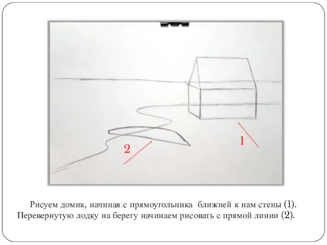 Рисуем домик, начиная с прямоугольника ближней к нам стены (1).