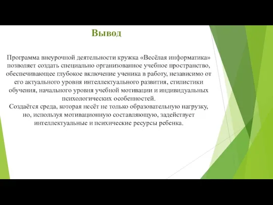 Программа внеурочной деятельности кружка «Весёлая информатика» позволяет создать специально организованное