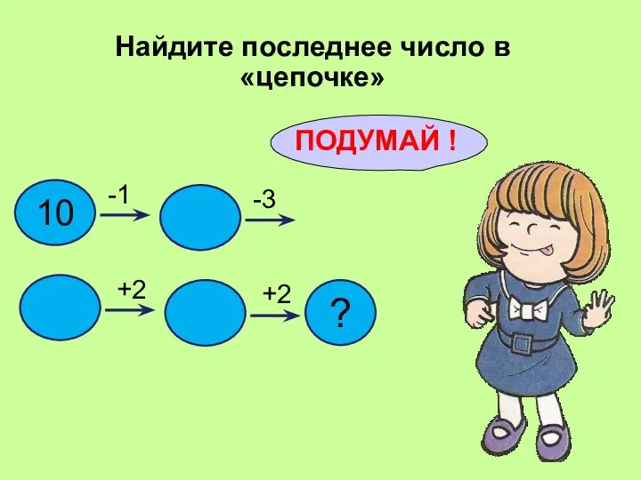 Найдите последнее число в «цепочке» ПОДУМАЙ ! 10 1 3 +2 +2 ?