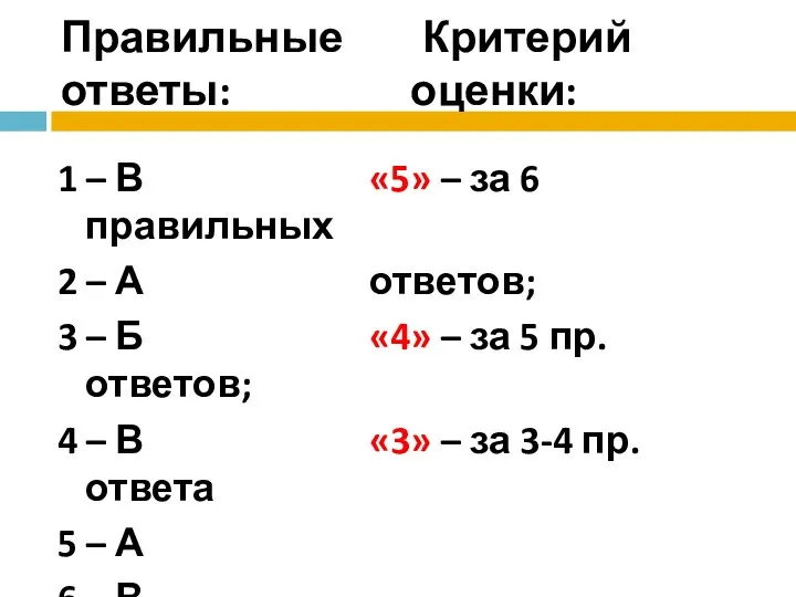 Правильные Критерий ответы: оценки: 1 – В «5» – за