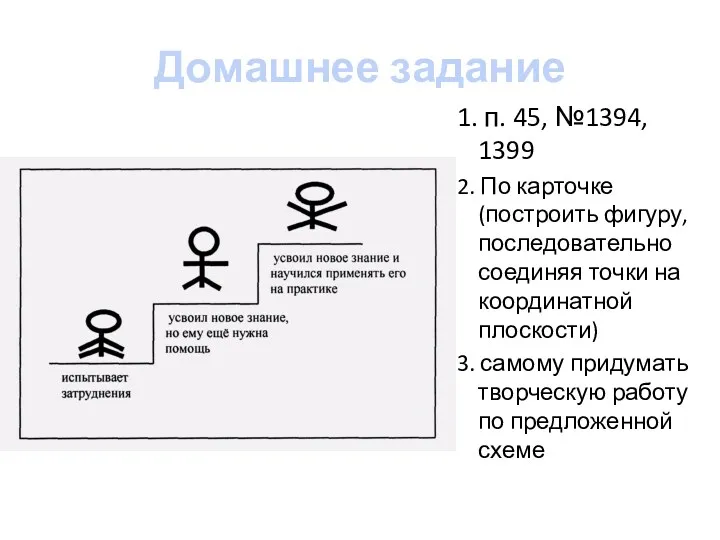 Домашнее задание 1. п. 45, №1394, 1399 2. По карточке (построить фигуру, последовательно