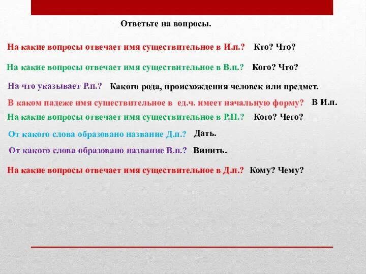 Ответьте на вопросы. На какие вопросы отвечает имя существительное в