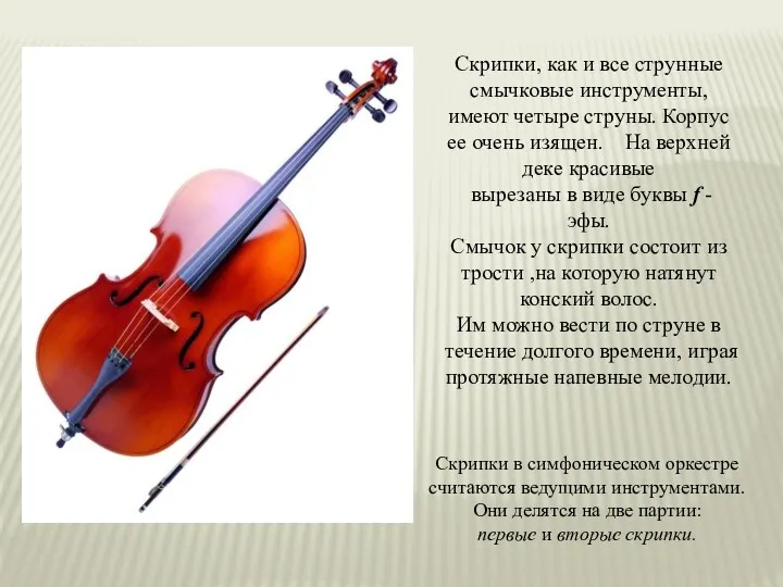 Скрипки, как и все струнные смычковые инструменты, имеют четыре струны.