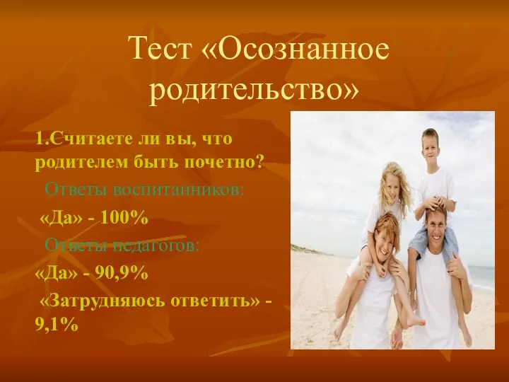 Тест «Осознанное родительство» 1.Считаете ли вы, что родителем быть почетно?