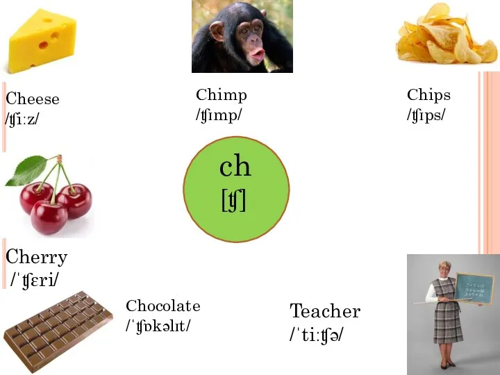 Cheese /ʧiːz/ Сhimp /ʧɪmp/ Сhips /ʧɪps/ Cherry /ˈʧɛri/ Сhocolate /ˈʧɒkəlɪt/ Teacher /ˈtiːʧə/