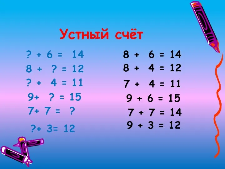 Устный счёт ? + 6 = 14 8 + 6