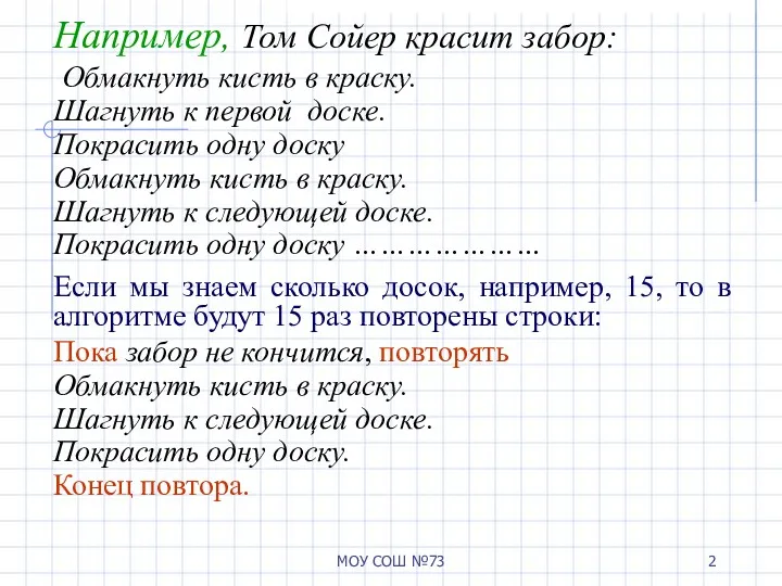 МОУ СОШ №73 Например, Том Сойер красит забор: Обмакнуть кисть