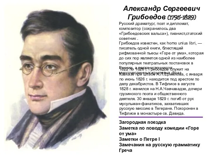 Александр Сергеевич Грибоедов (1795-1829) Русский драматург, поэт и дипломат, композитор