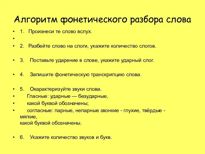 Алгоритм фонетического разбора слова 1. Произнеси те слово вслух. 2.