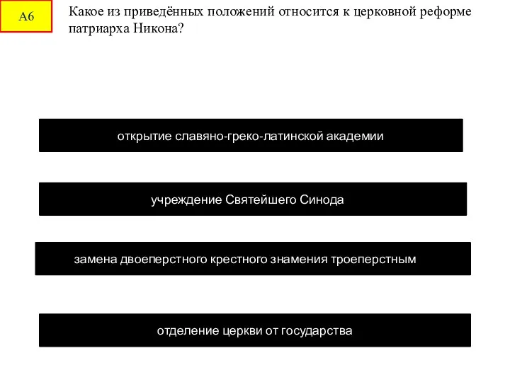 А6 Какое из приведённых положений относится к церковной реформе патриарха