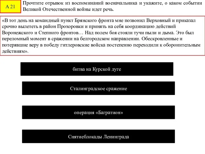 А 21 Прочтите отрывок из воспоминаний военачальника и укажите, о