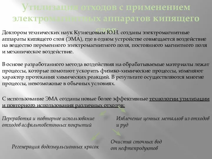 Утилизация отходов с применением электромагнитных аппаратов кипящего слоя Доктором технических