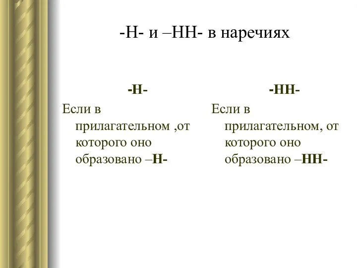 -Н- и –НН- в наречиях -Н- Если в прилагательном ,от