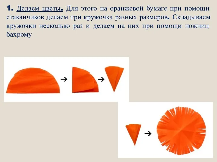 1. Делаем цветы. Для этого на оранжевой бумаге при помощи стаканчиков делаем три