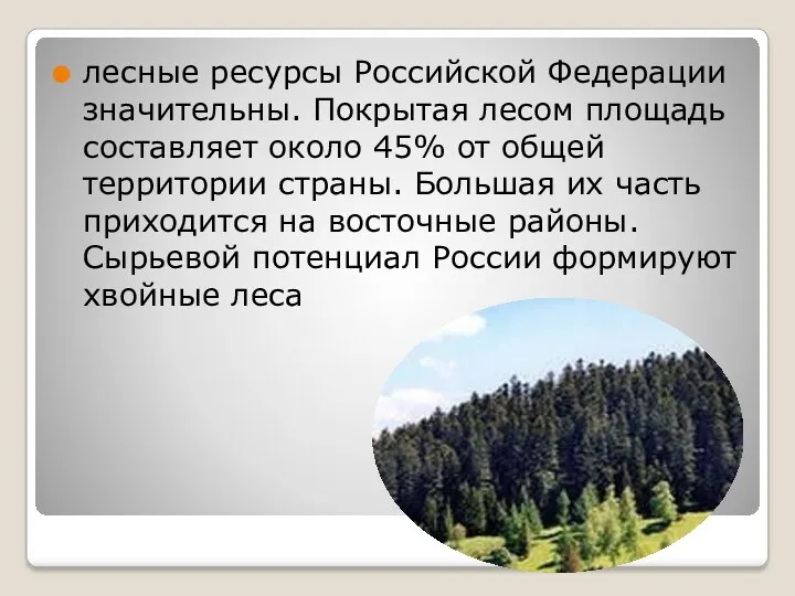 лесные ресурсы Российской Федерации значительны. Покрытая лесом площадь составляет около 45% от общей