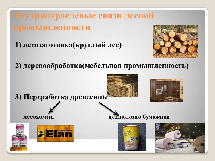 Внутриотраслевые связи лесной промышленности 1) лесозаготовка(круглый лес) 2) деревообработка(мебельная промышленность) 3) Переработка древесины лесохомия целлюлозно-бумажная