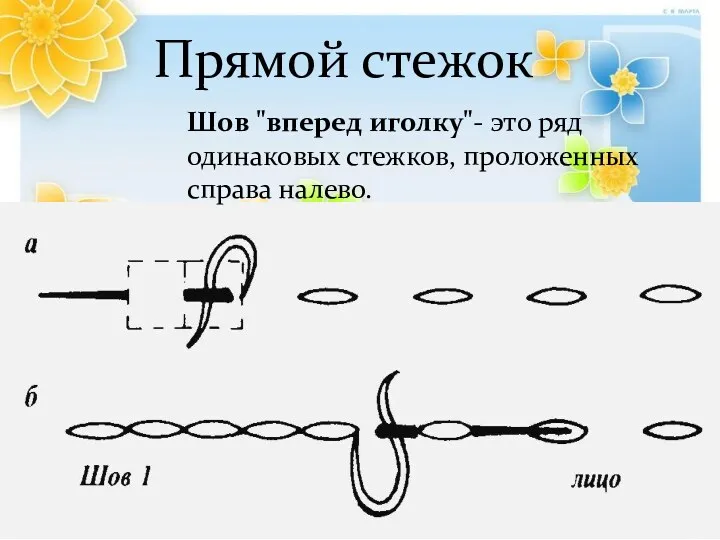 Прямой стежок Шов "вперед иголку"- это ряд одинаковых стежков, проложенных справа налево.