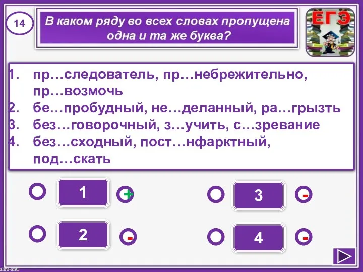 1 - - + - 2 3 4 пр…следователь, пр…небрежительно,