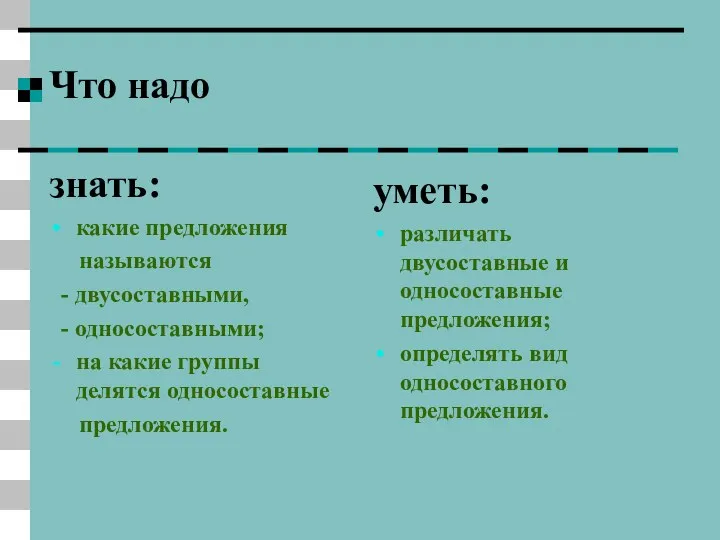 Что надо знать: какие предложения называются - двусоставными, - односоставными;