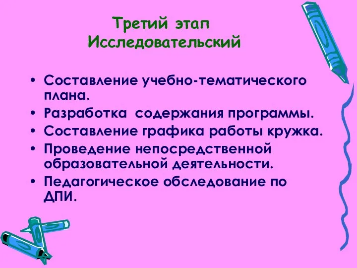 Третий этап Исследовательский Составление учебно-тематического плана. Разработка содержания программы. Составление