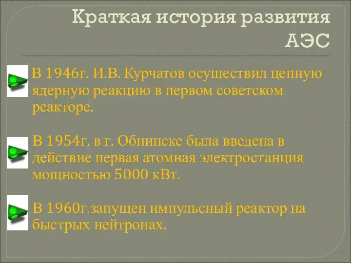 Краткая история развития АЭС В 1946г. И.В. Курчатов осуществил цепную ядерную реакцию в
