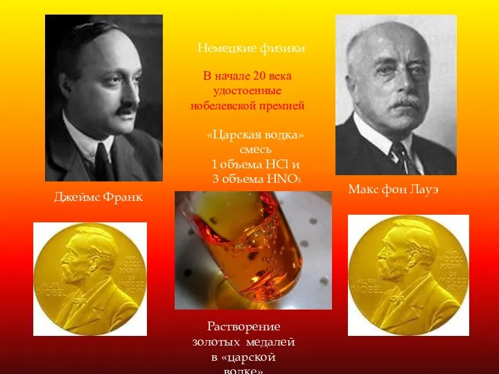 Джеймс Франк Немецкие физики В начале 20 века удостоенные нобелевской премией Растворение золотых