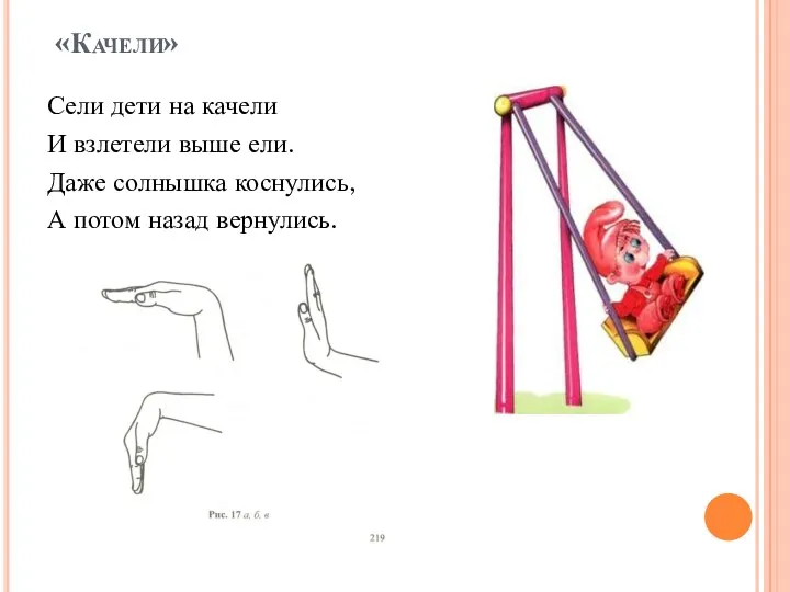 «Качели» Сели дети на качели И взлетели выше ели. Даже солнышка коснулись, А потом назад вернулись.