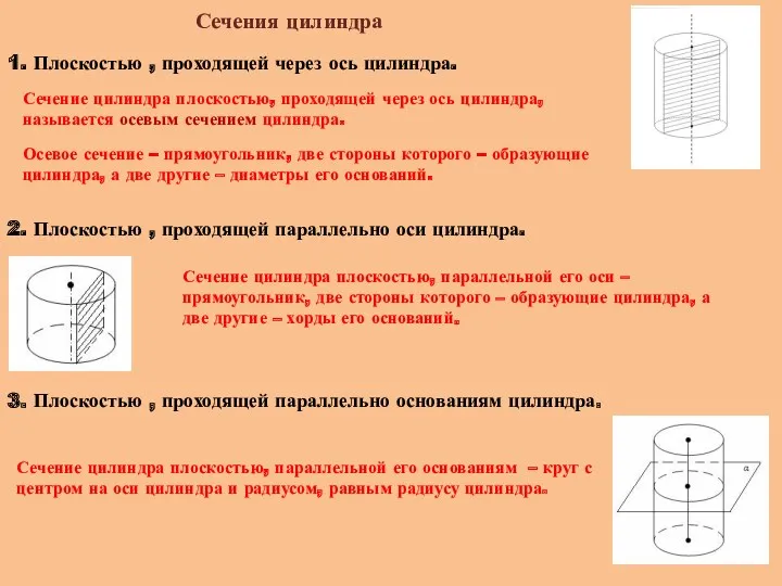 Сечения цилиндра 1. Плоскостью , проходящей через ось цилиндра. Сечение