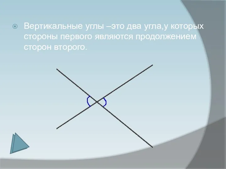 Вертикальные углы –это два угла,у которых стороны первого являются продолжением сторон второго.