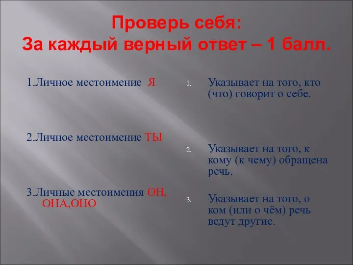 Проверь себя: За каждый верный ответ – 1 балл. 1.Личное местоимение Я 2.Личное