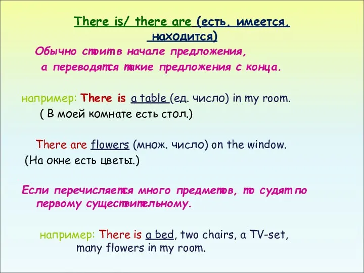 There is/ there are (есть, имеется, находится) Обычно стоит в