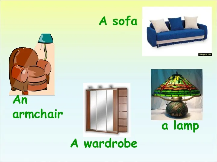 A sofa a lamp An armchair A wardrobe